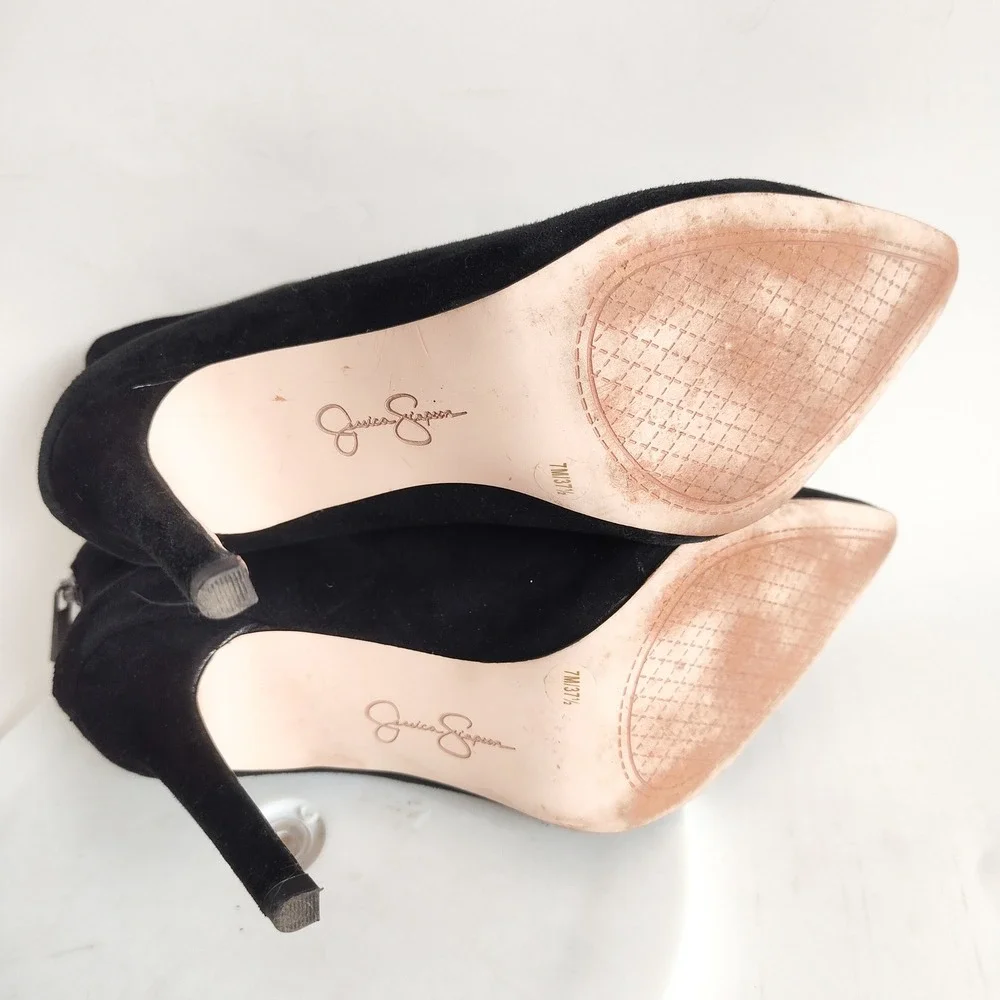 Jessica‎ Simpson Ankle Boots 7 Black Suede PVC V-Cut Stiletto Heel Piercie Sexy
